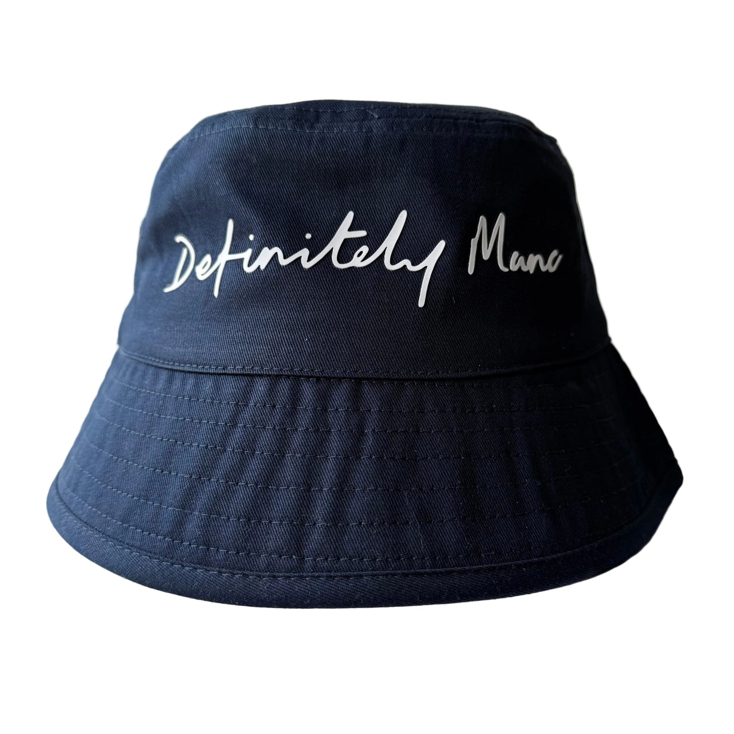 Navy bucket hat with 'Definitely Manc' text on a white background