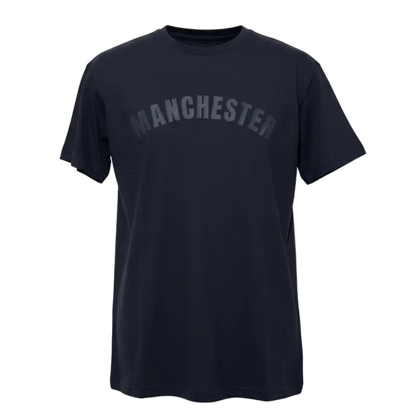 Black t-shirt with 'MANCHESTER' text on a white background