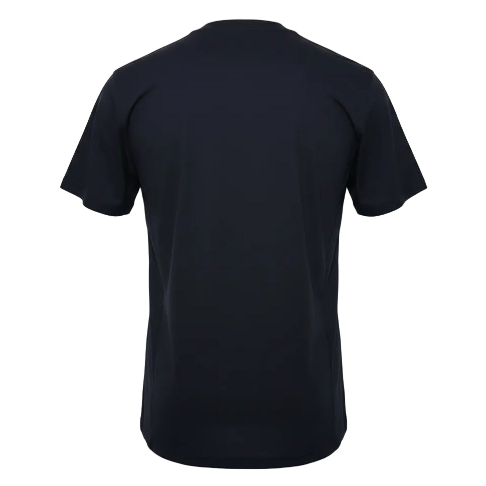 Black t-shirt on a wooden hanger against a white background