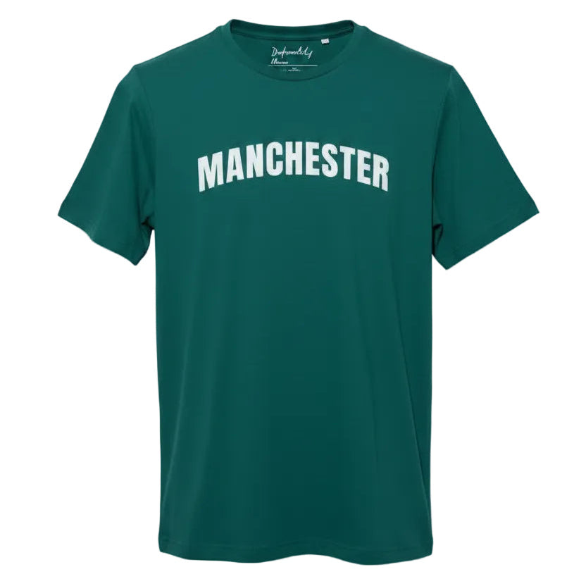 Alpine Green t-shirt with 'Manchester' text on a white background
