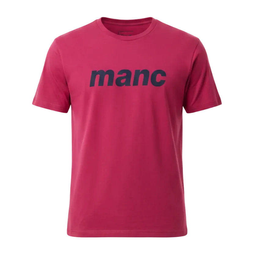 Red t-shirt with 'manc' text on a white background