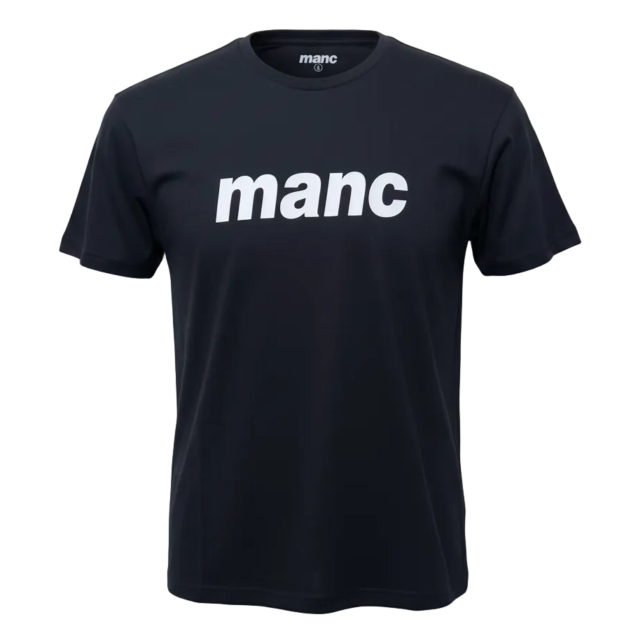 Black t-shirt with 'manc' printed on it against a white background