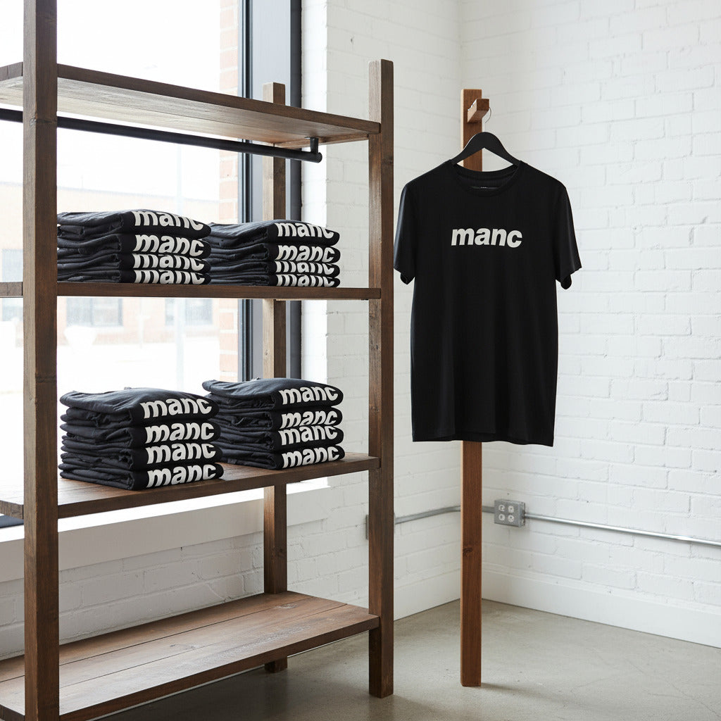 Black t-shirts with 'manc' printed on them displayed on a wooden shelf and hanger against a white brick wall.