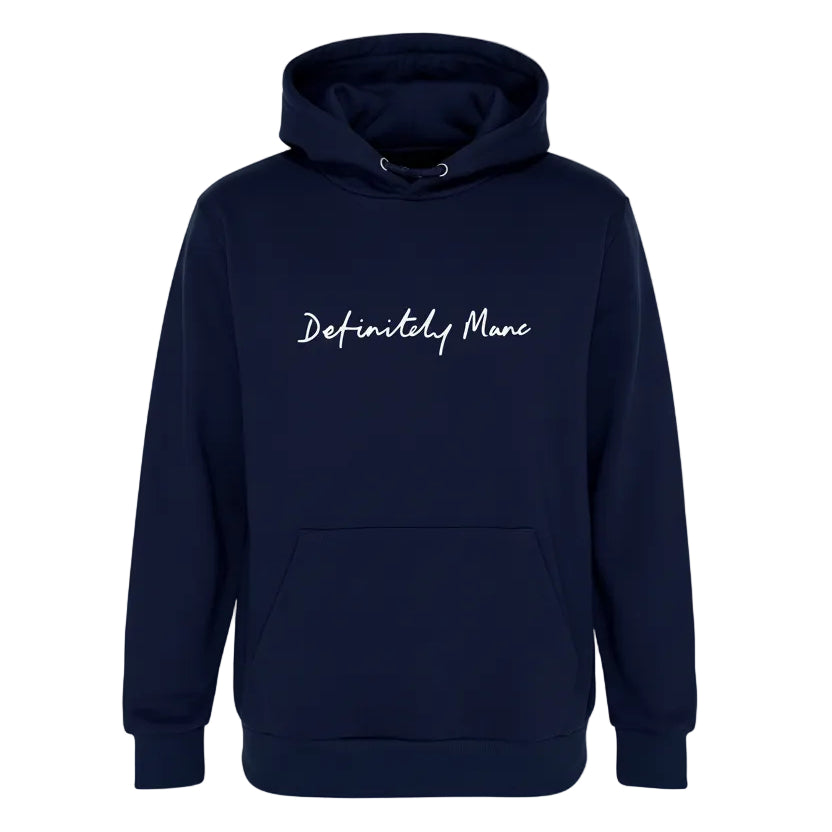 Navy blue hoodie with 'Definitely Man' text on a white background