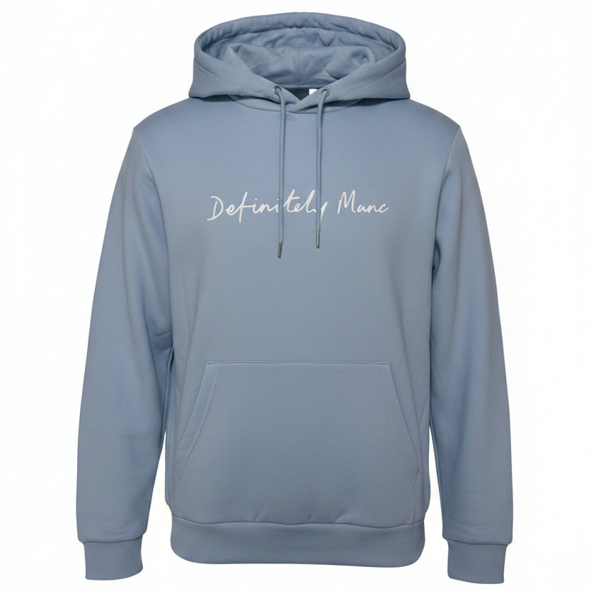 Sky Blue hoodie with 'Definitely Manc' text on a white background