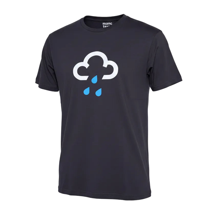 Charcoal t-shirt with a rain cloud design on a white background