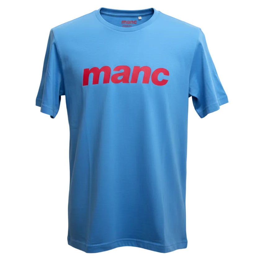 Blue t-shirt with 'manc' printed in red on a grey background