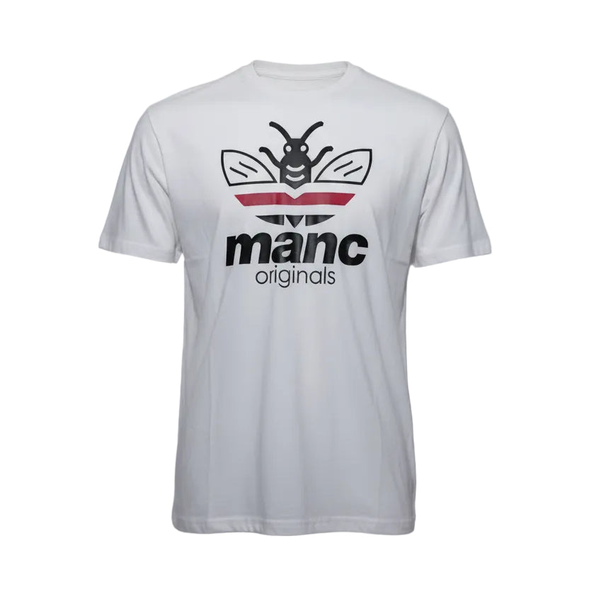 White t-shirt with 'manc originals' logo on a grey background