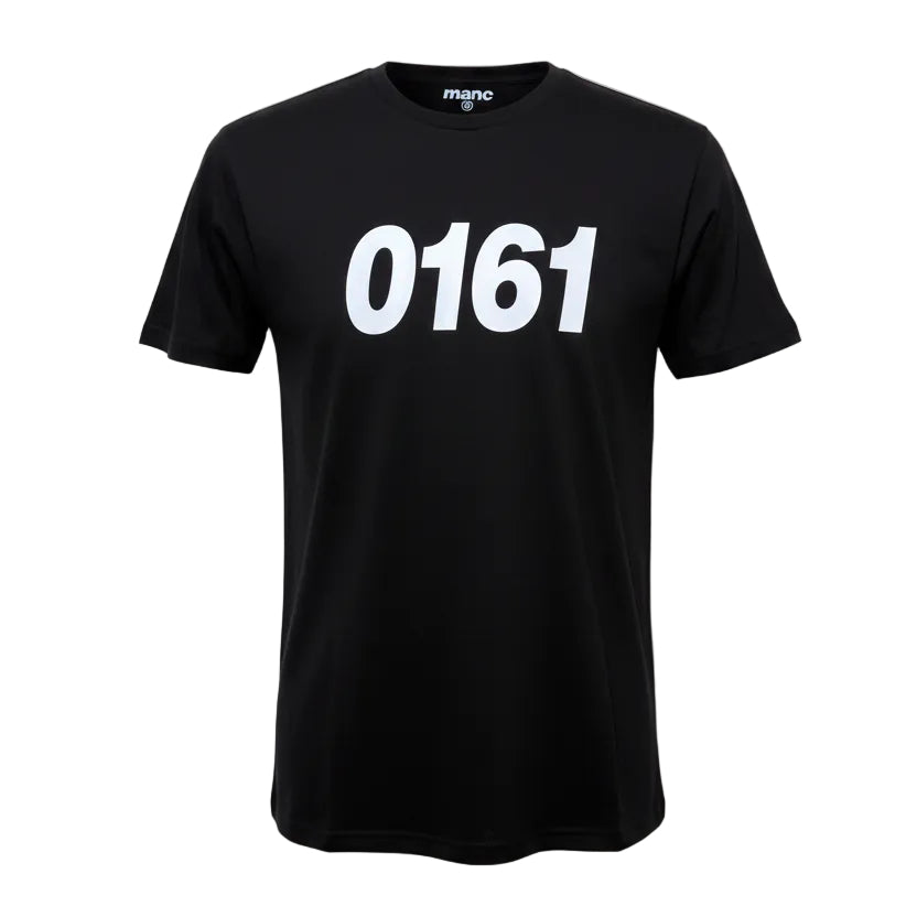 Black t-shirt with '0161' printed on it against a white background