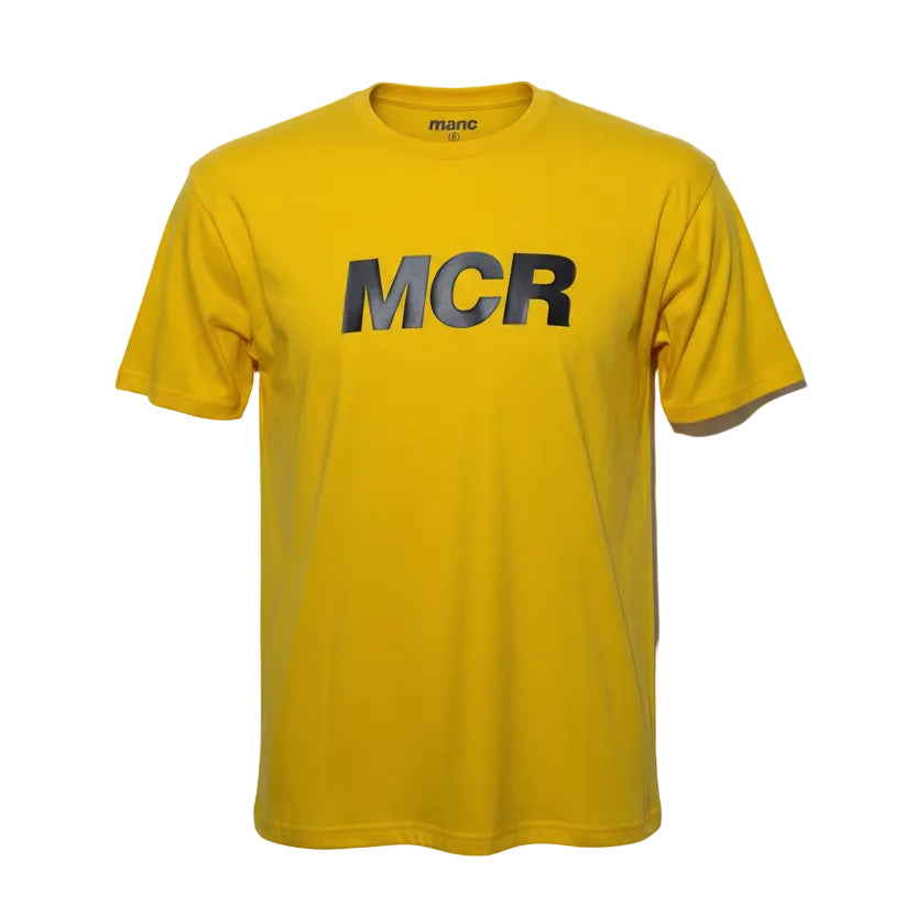 Yellow t-shirt with 'MCR' printed on it against a white background