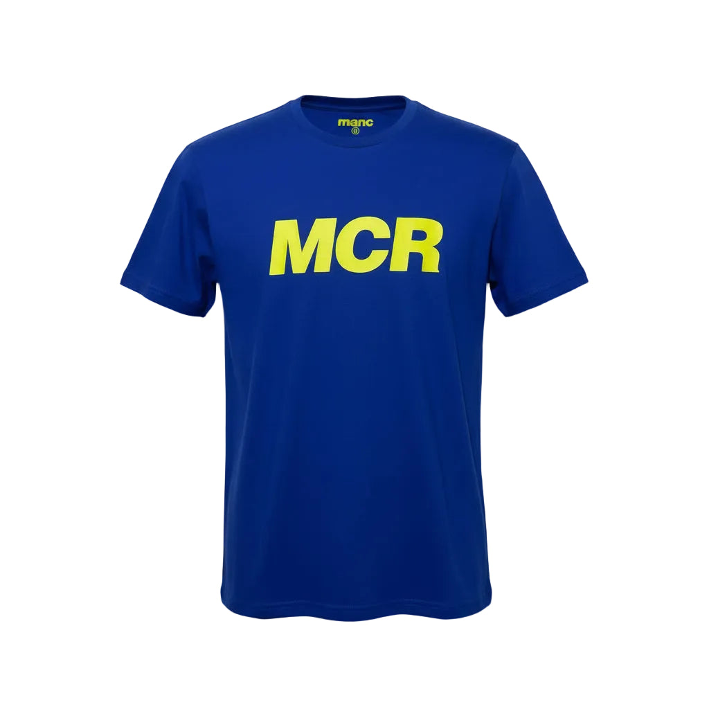 Blue t-shirt with 'MCR' printed in yellow on a white background