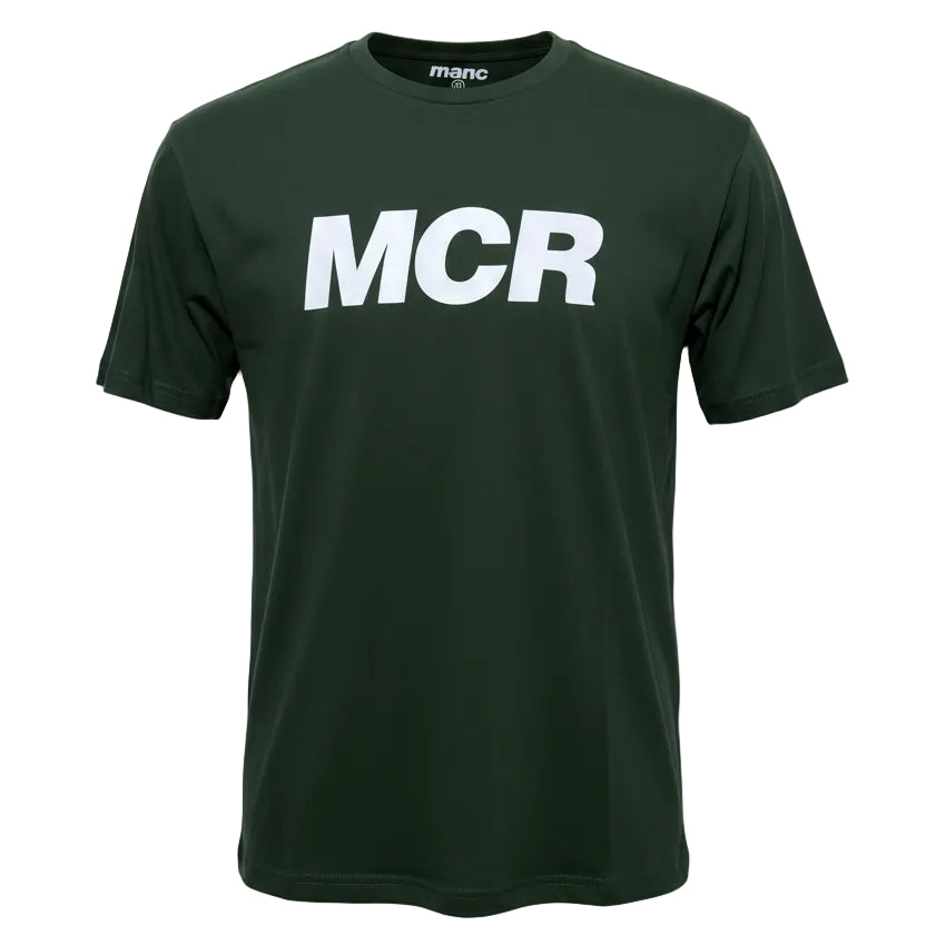 Bottle Green t-shirt with 'MCR' printed on it against a white background