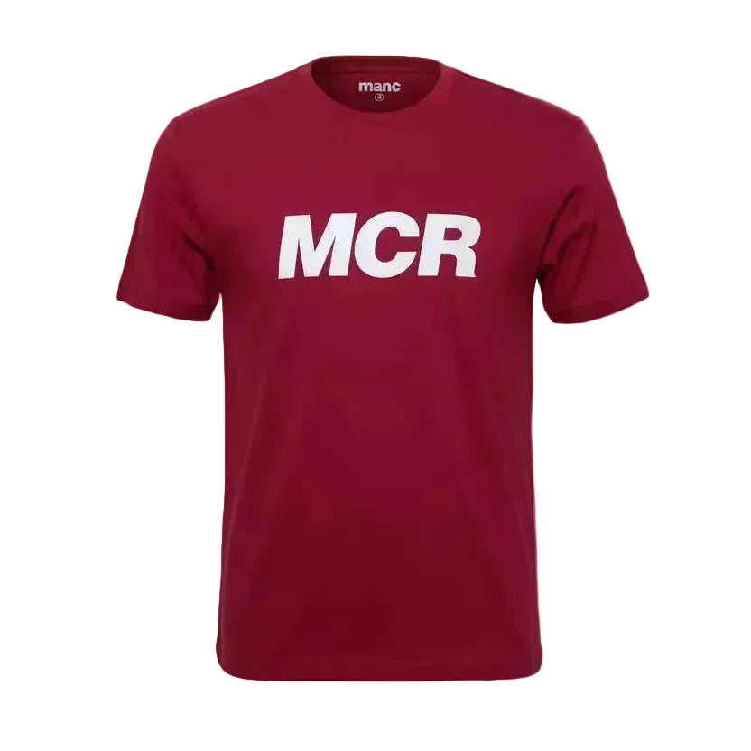 Red t-shirt with 'MCR' printed on it against a white background