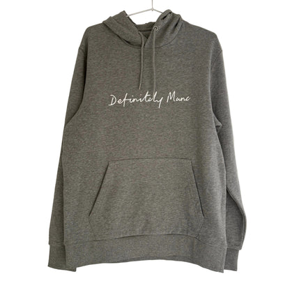 Grey hoodie with 'Definitely Manc' text on a white background