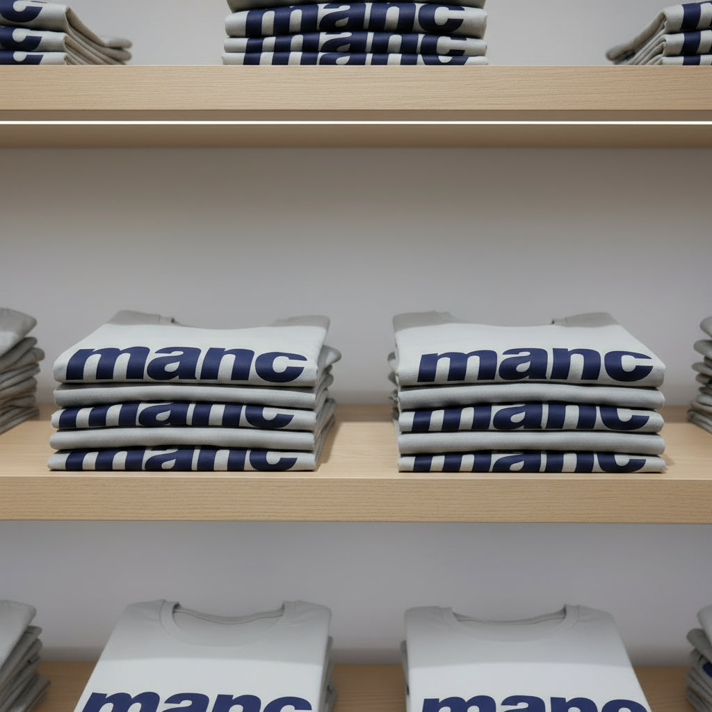 Stacks of folded shirts with 'manc' branding on a wooden shelf.