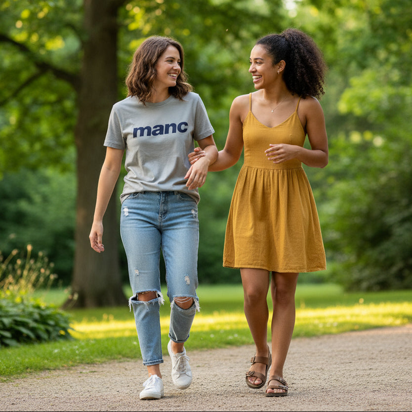 Two women walking hand-in-hand on a path in a park, one wearing a 'manc' t-shirt.