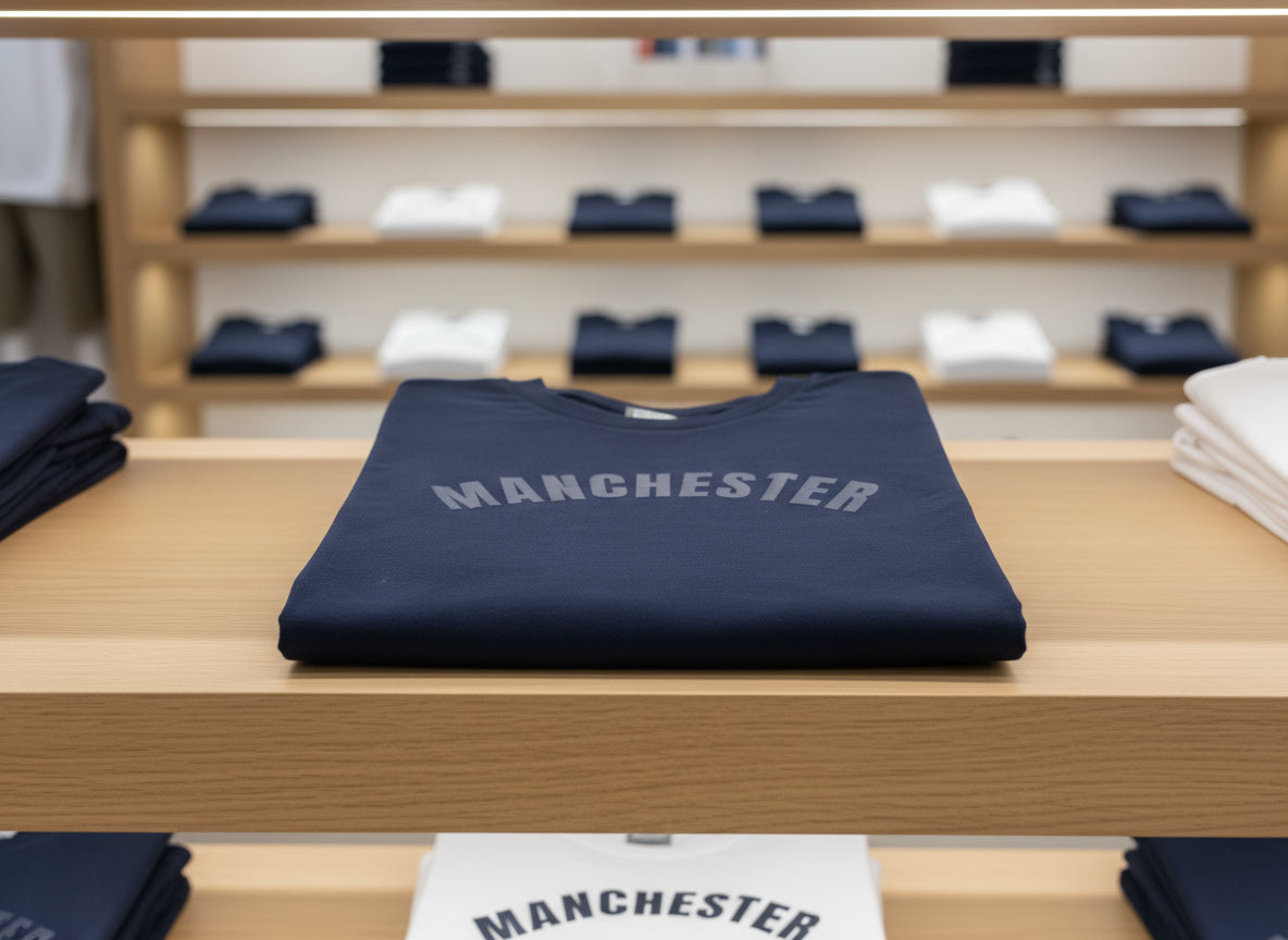 Folded t-shirt with 'Manchester' printed on it, placed on a wooden surface with shelves in the background.