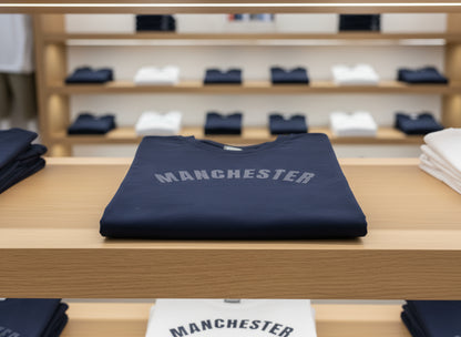 Folded t-shirt with 'Manchester' printed on it, placed on a wooden surface with shelves in the background.