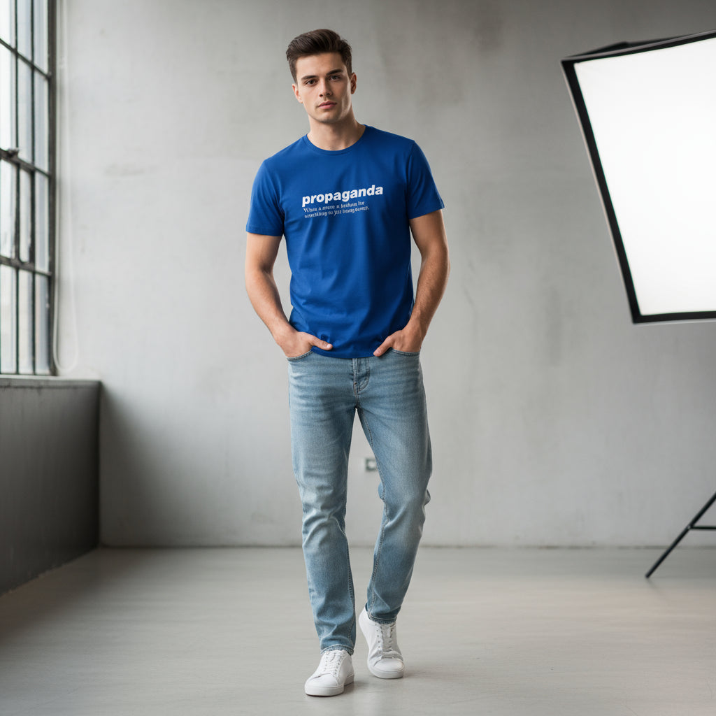 Man wearing a blue t-shirt with 'propaganda' text in a minimalistic room.