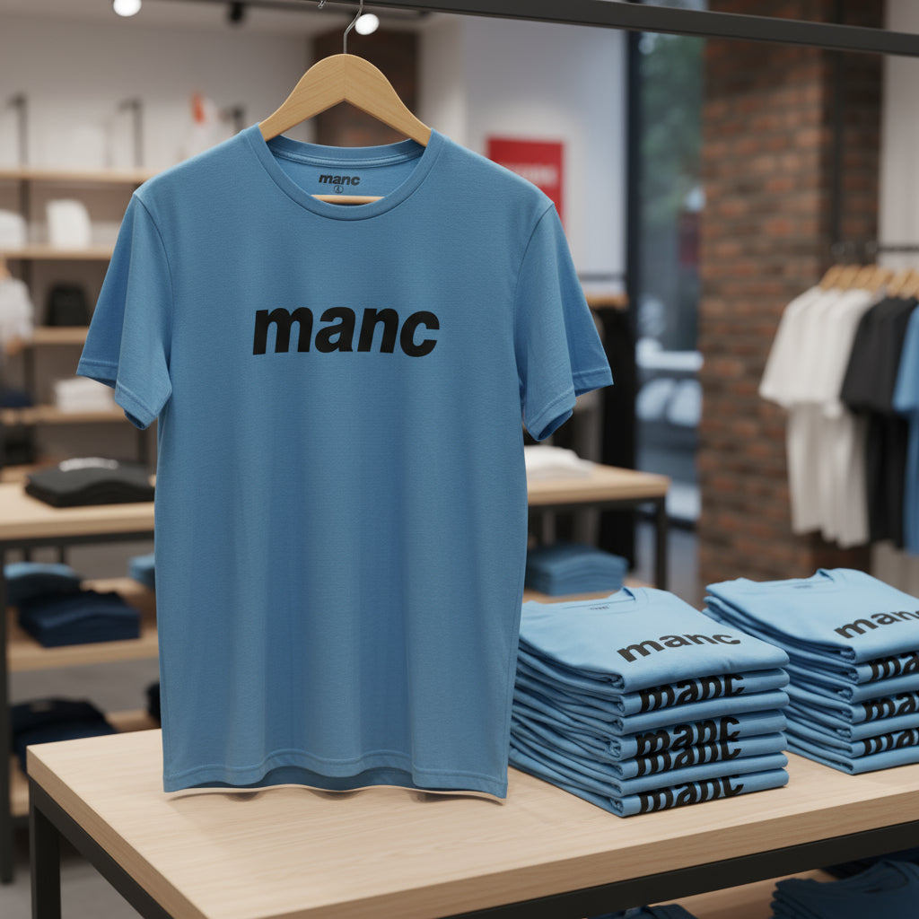 Blue t-shirt with 'manc' printed on it, displayed in a store setting.