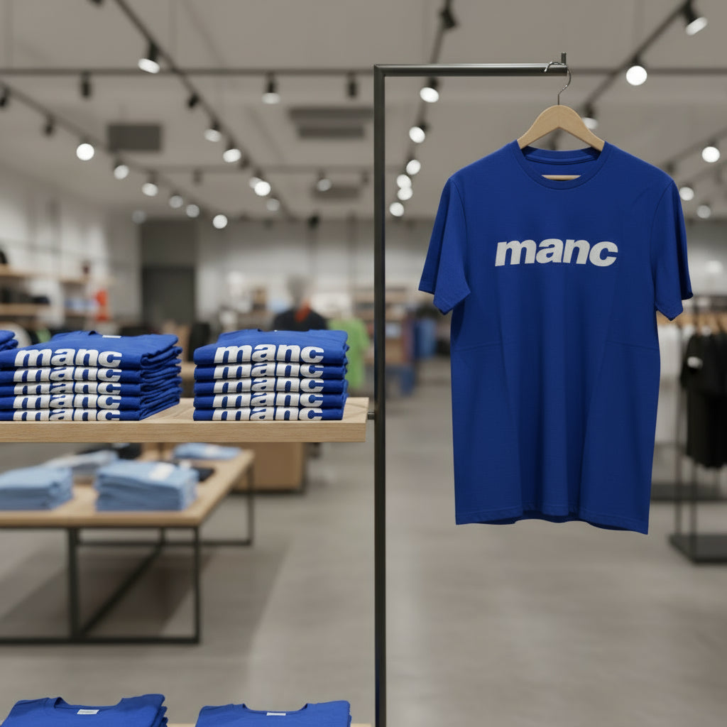 Blue t-shirt with 'manc' printed on it hanging on a rack in a store.