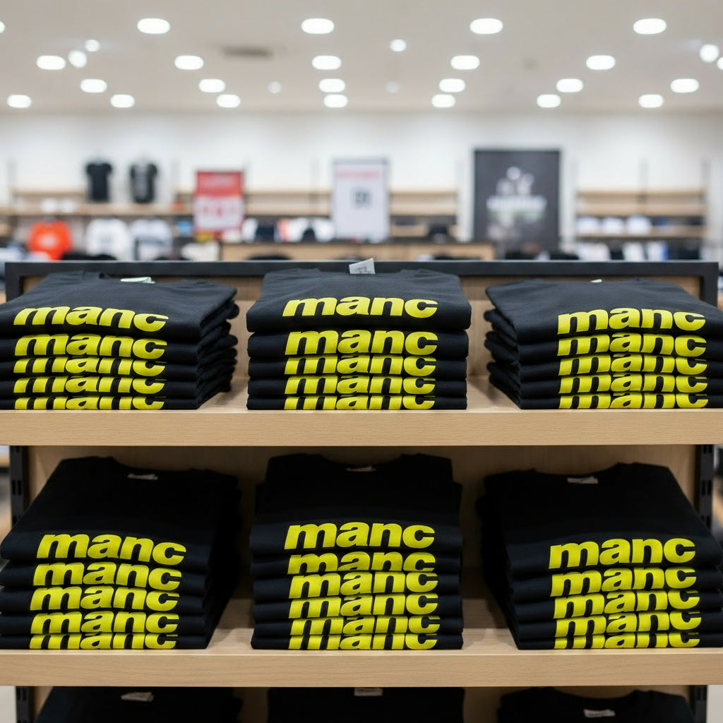 black t-shirt with the word 'manc' written on it in a yellow puff vinyl