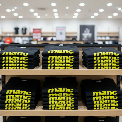 black t-shirt with the word 'manc' written on it in a yellow puff vinyl