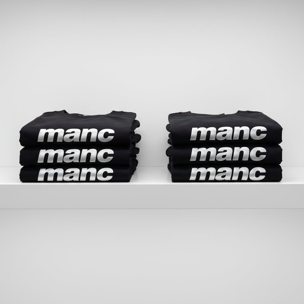 Stacks of black t-shirts with 'manc' printed on them against a white background