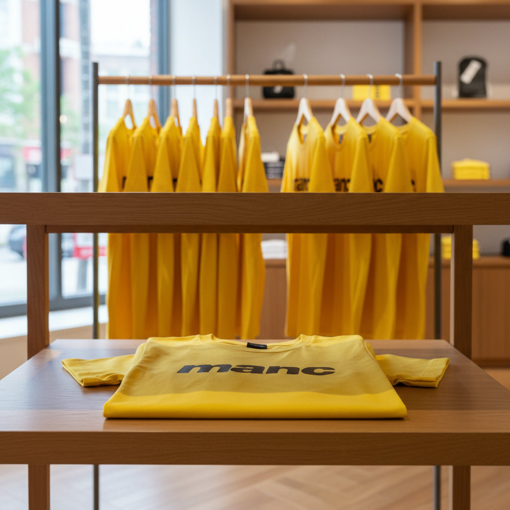 Yellow shirts with 'manc' branding on a wooden table and rack.