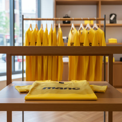 Yellow shirts with 'manc' branding on a wooden table and rack.