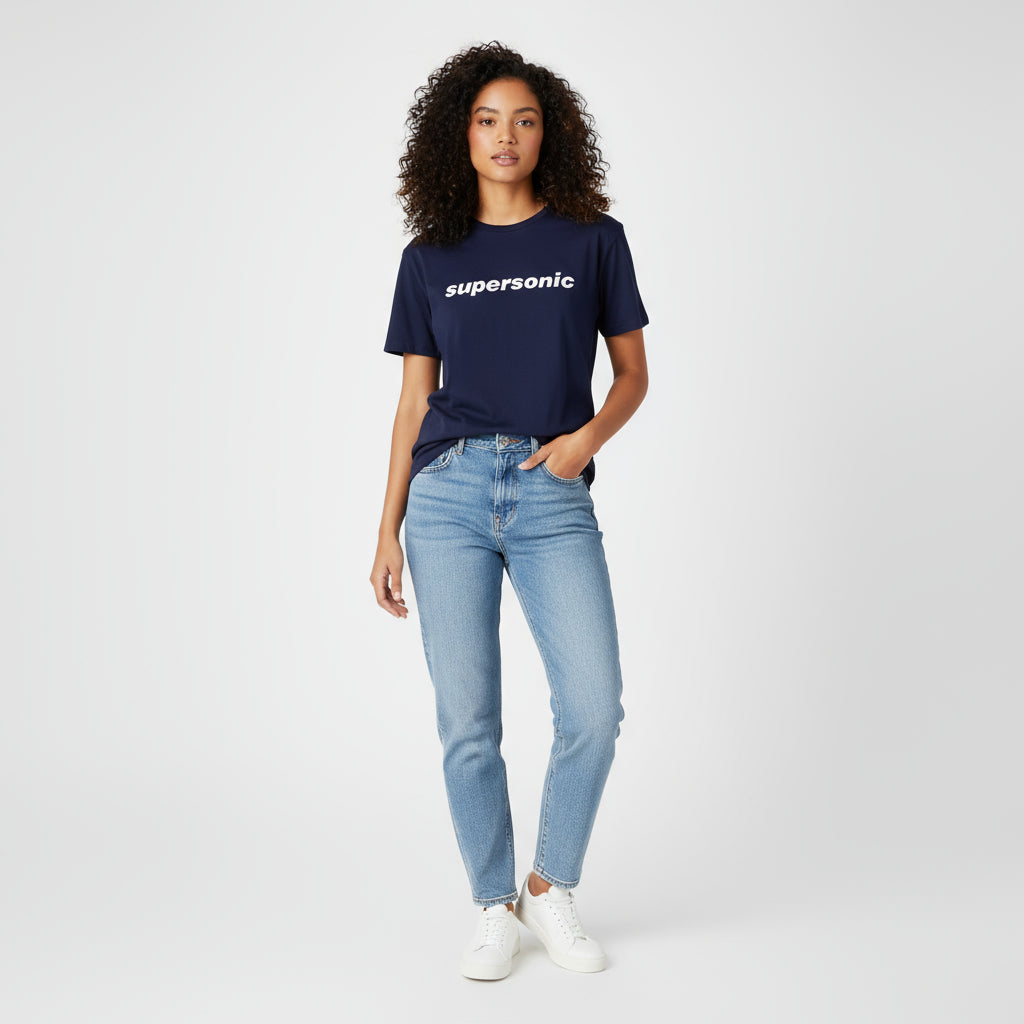 Navy blue t-shirt with 'supersonic' text on a white background