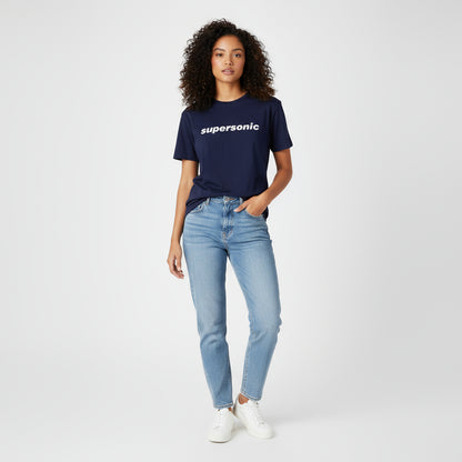 Navy blue t-shirt with 'supersonic' text on a white background