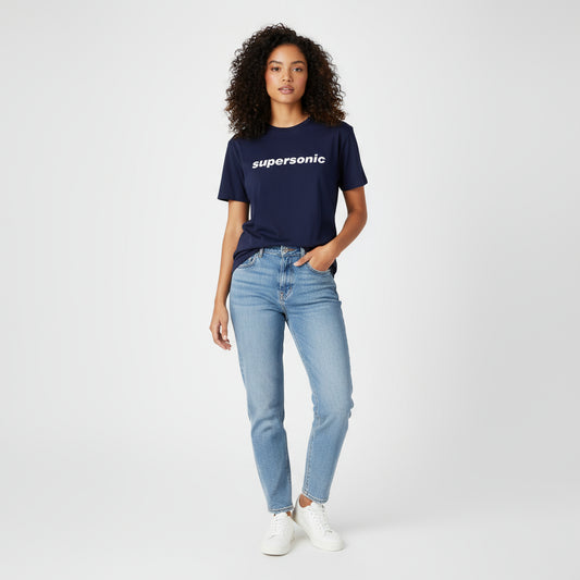 Navy blue t-shirt with 'supersonic' text on a white background