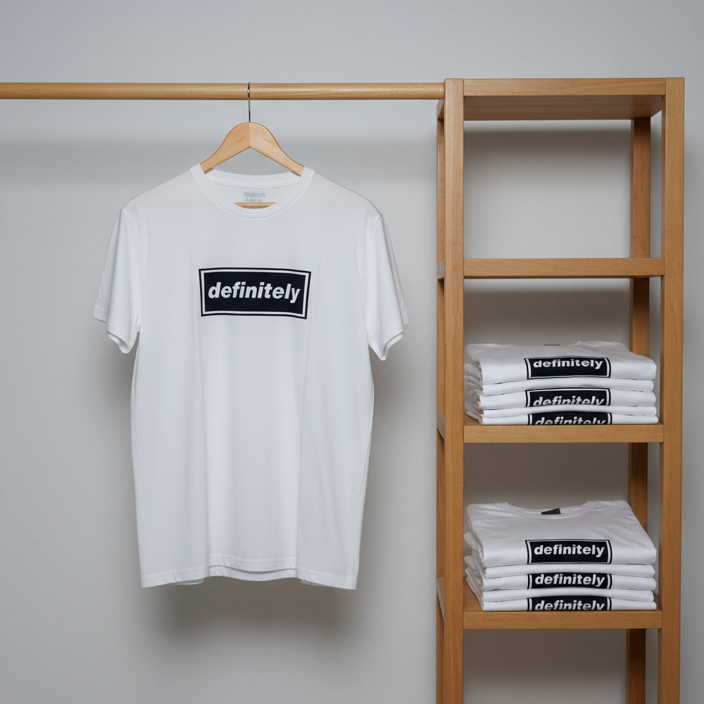 White t-shirt with 'definitely' print on a hanger and wooden shelf with folded shirts.