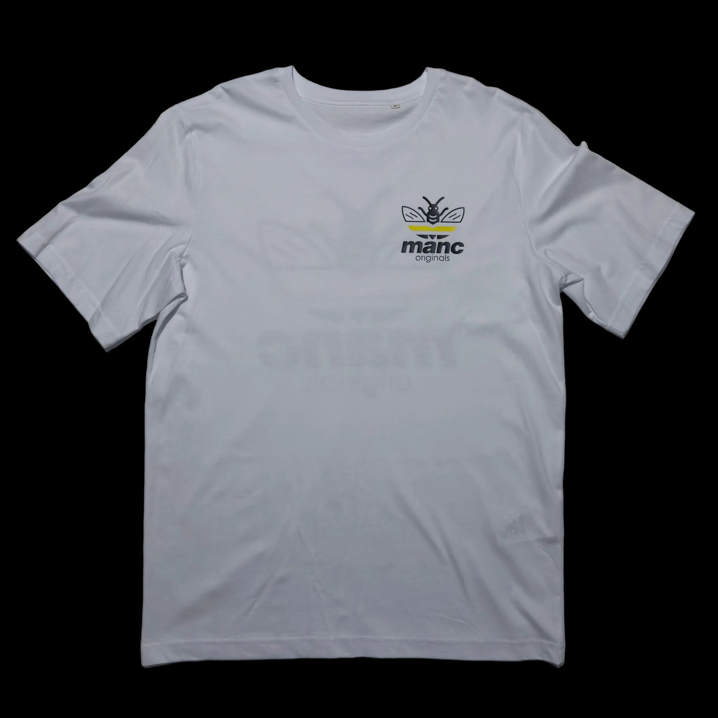White t-shirt with a logo on a grey background