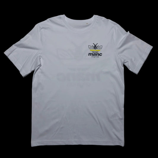 White t-shirt with a logo on a grey background