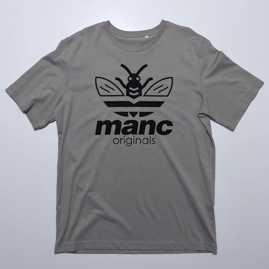 Grey t-shirt with black logo and text on a light grey background