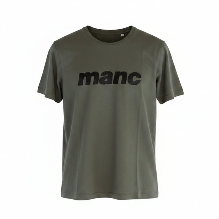 Forest Green t-shirt with 'manc' text against a white background