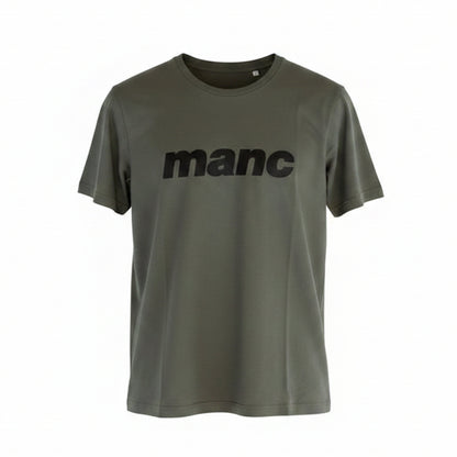 Forest Green t-shirt with 'manc' text against a white background