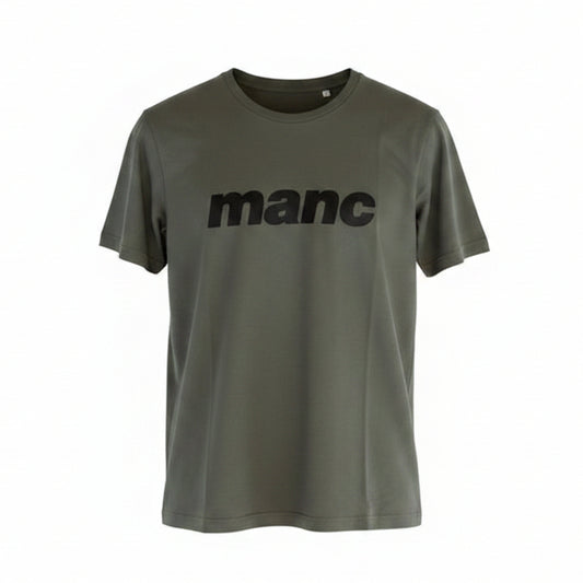 Forest Green t-shirt with 'manc' text against a white background