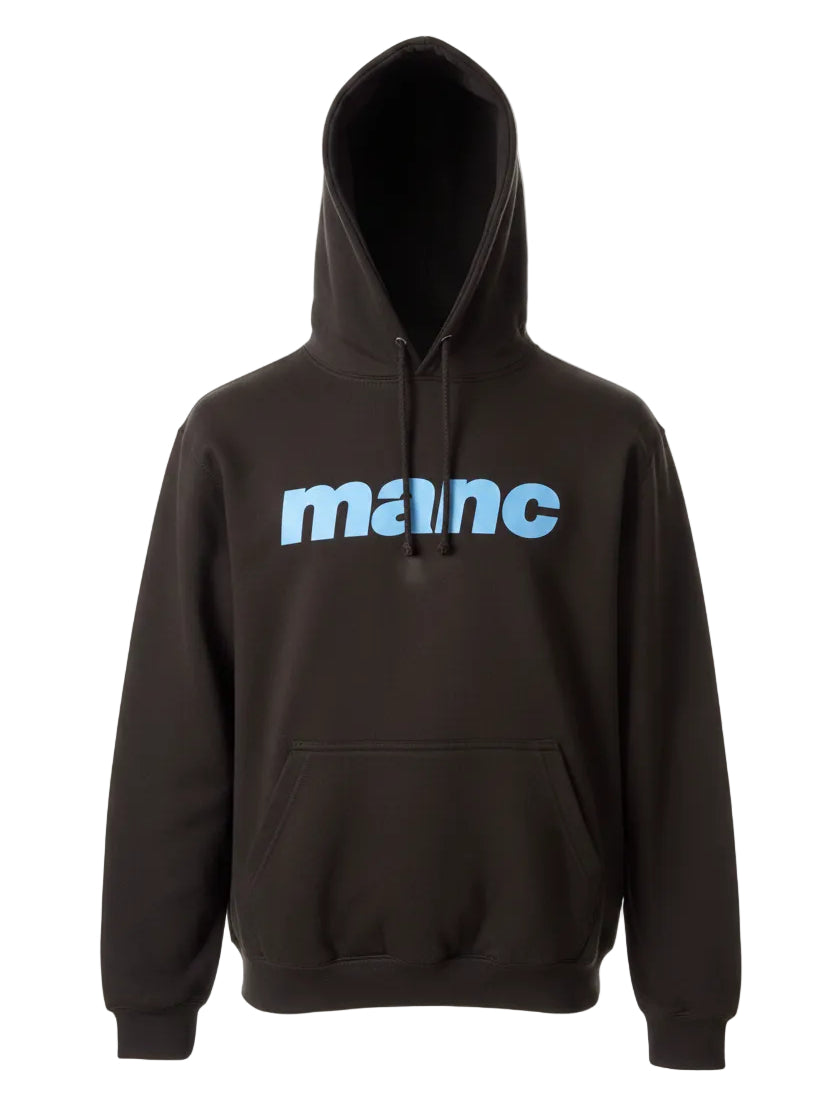 Black hoodie with 'manc' text on a white background