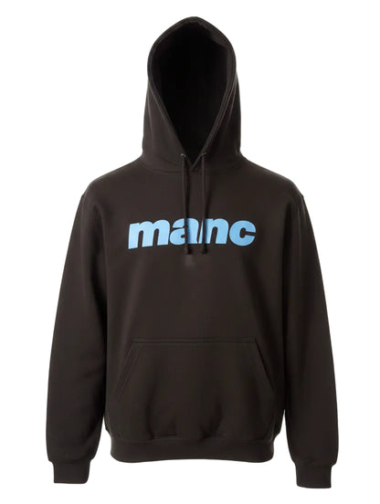 Black hoodie with 'manc' text on a white background