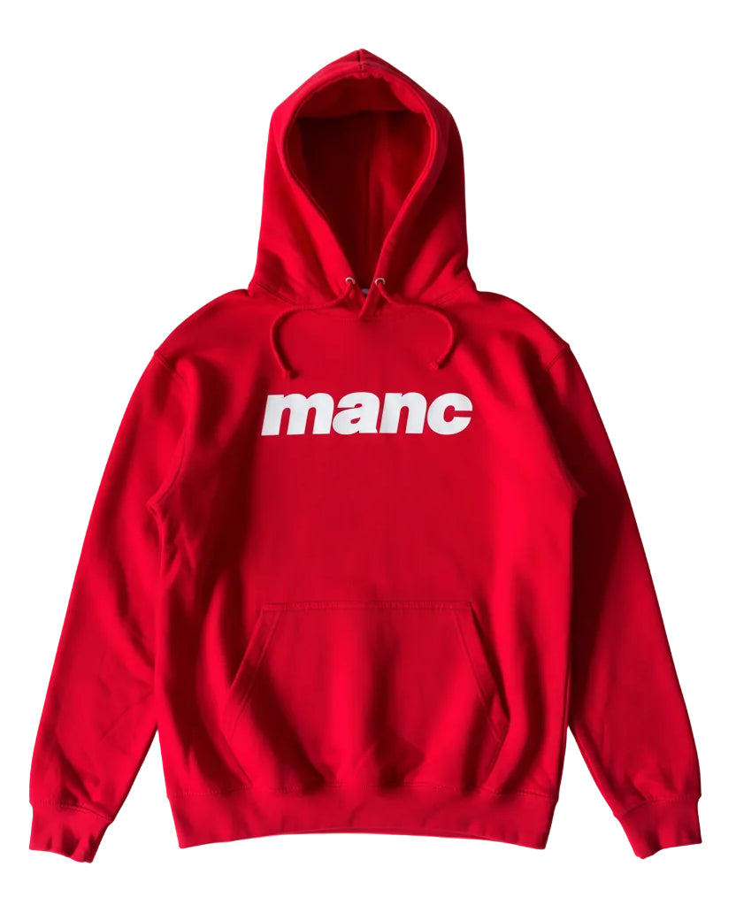 Red hoodie with 'manc' printed on it against a white background