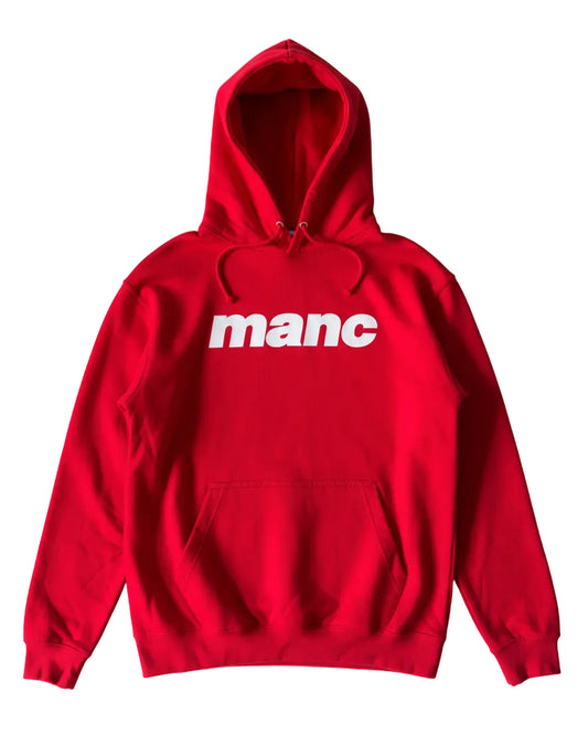 Red hoodie with 'manc' printed on it against a white background