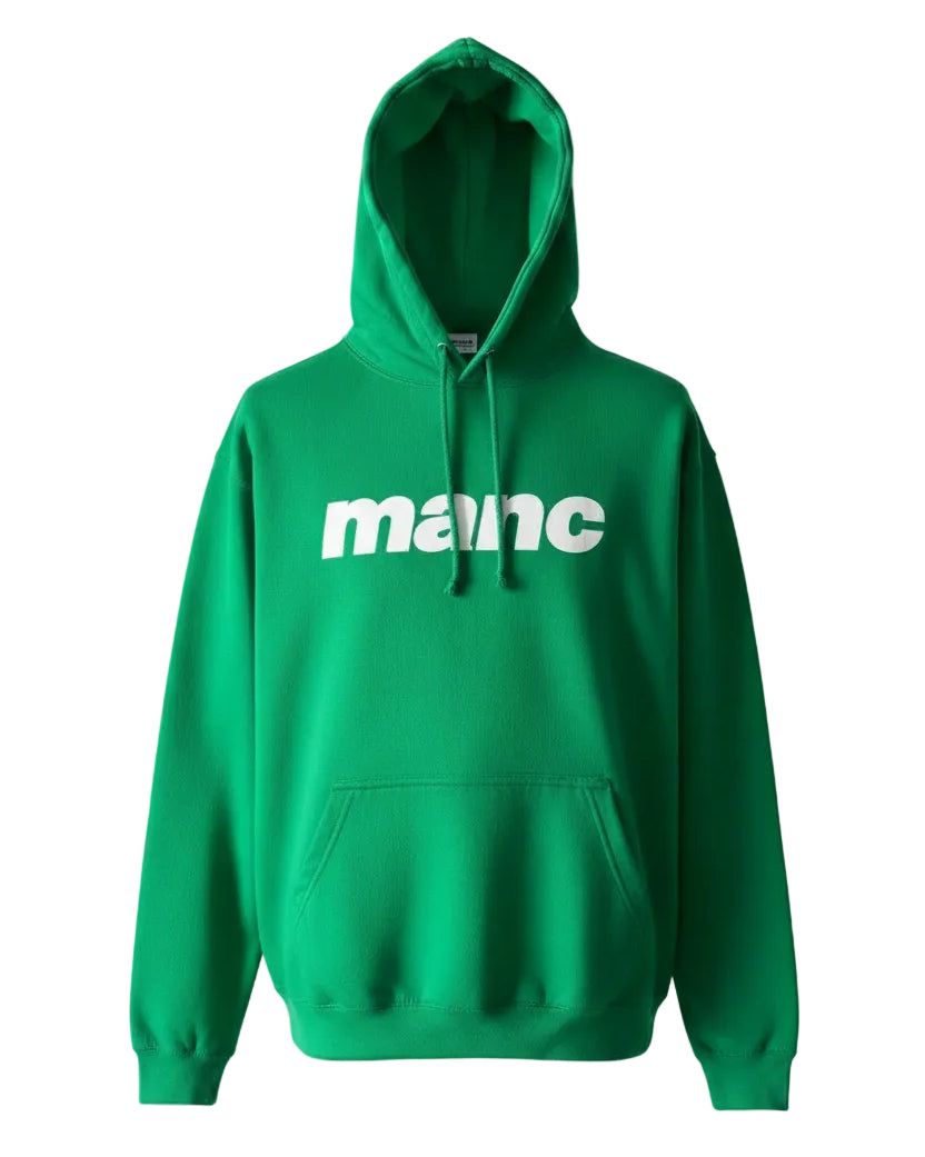 Green hoodie with 'manc' text on a white background