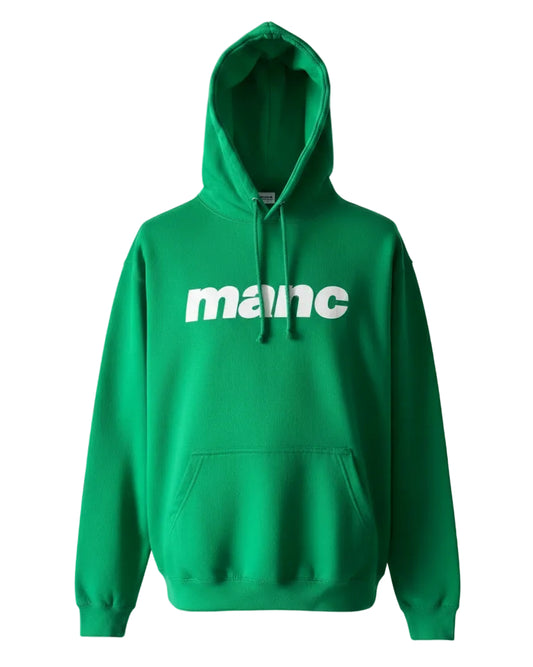 Green hoodie with 'manc' text on a white background