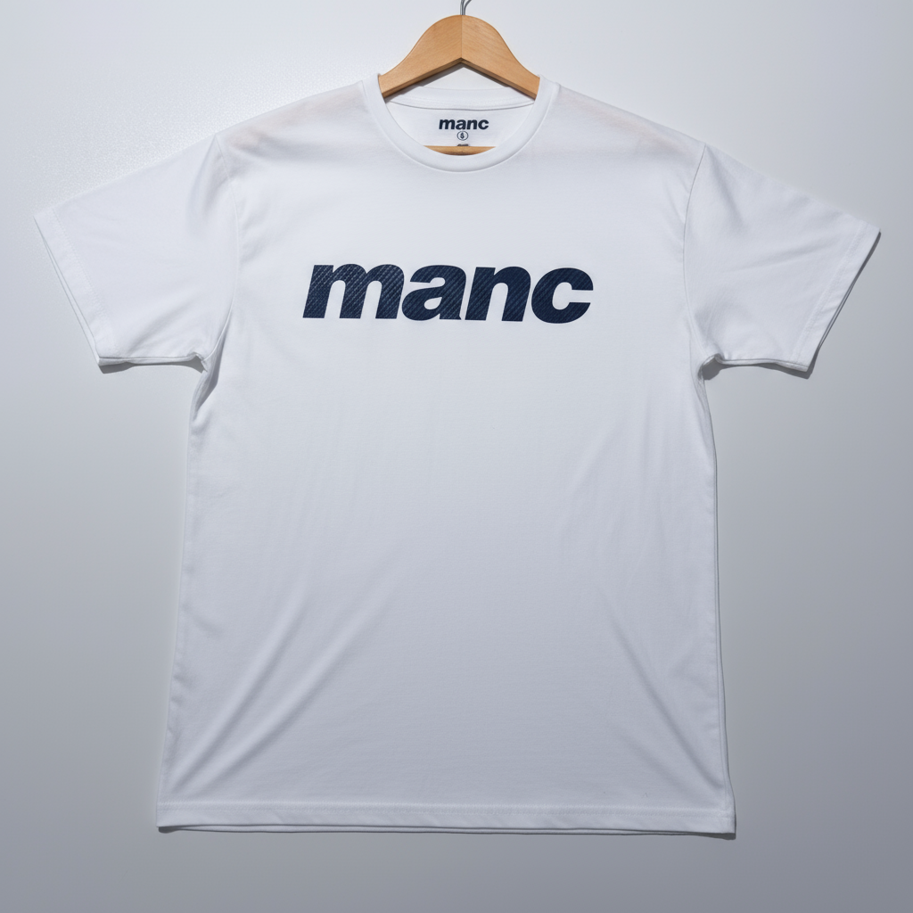 White manc t-shirt, hanging on a wooden hanger against a grey background.